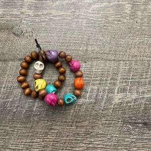 Colorful Wooden Skull Bracelets, Set of 2